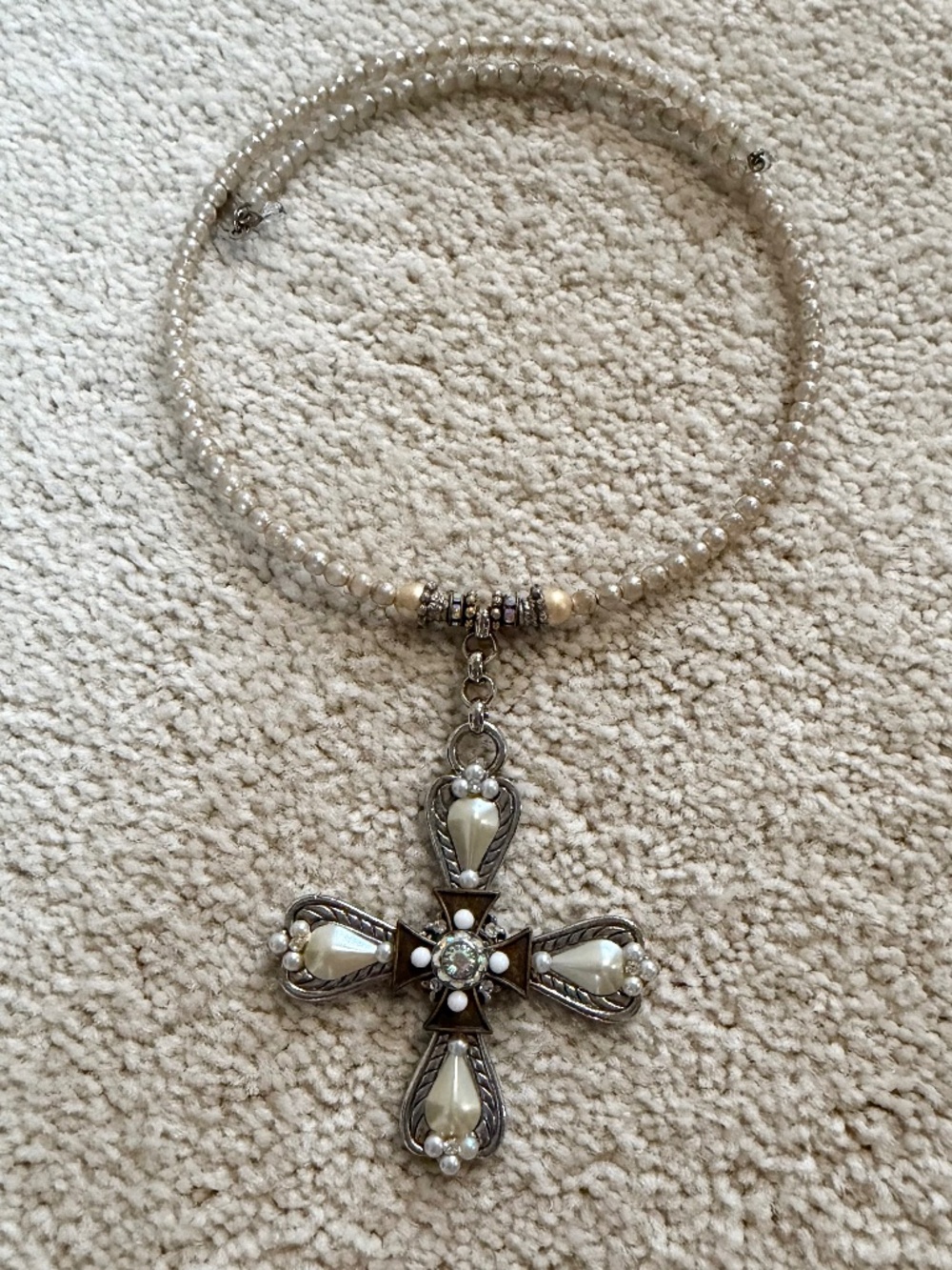 FAITH brand Pearl choker style cross necklace—silver tone